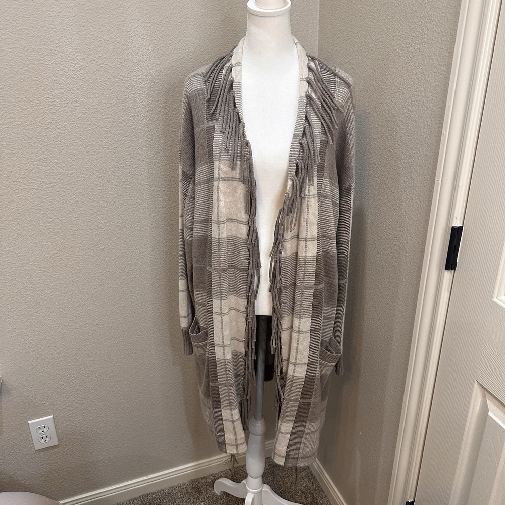 Lauren Ralph Lauren L Neutral Plaid Fringe Open Front Long Cardigan Sweater Wool